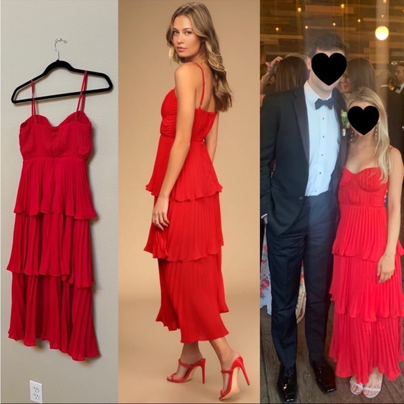 For Love & Lemons Red cascading tiered- Bustier Pleated Chiffon Midi Dress - Picture 4 of 11